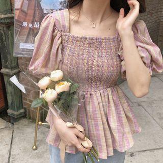 Elbow-sleeve Striped Frill Trim Top