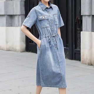 Elbow-sleeve Drawstring-waist Denim Midi A-line Shirtdress