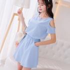Smoked-waist Off-shoulder A-line Dress