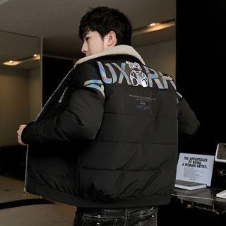 Fleece Collar Bear Embroidered Padded Zip-up Jacket