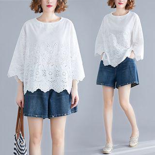 Eyelet Lace 3/4-sleeve Blouse White - One Size