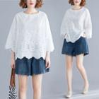Eyelet Lace 3/4-sleeve Blouse White - One Size