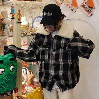 Fleece Collar Plaid Single-breasted Jacket Black - One Size