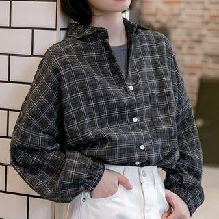 Long-sleeve Plaid Shirt Plaid - Dark Gray - One Size