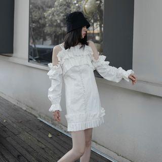 Long-sleeve Off-shoulder Plain Ruched Dress
