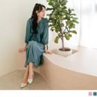 3/4 Sleeve Tie-neck Ruffled Chiffon Smock Dress