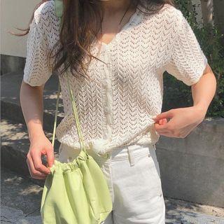 Short Sleeve Knit Cardigan White - One Size