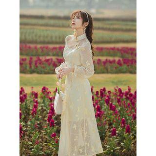 Puff-sleeve Frog Buttoned Floral Embroidered Midi A-line Dress