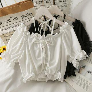 Boatneck Ruffled-trim Lace-up Halter Top