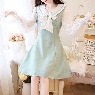Long-sleeve Frill Trim Ribbon A-line Dress