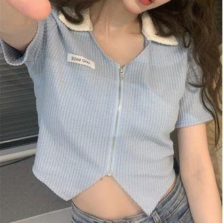 Short-sleeve Polo Collar Zip Cropped Knit Top