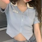 Short-sleeve Polo Collar Zip Cropped Knit Top