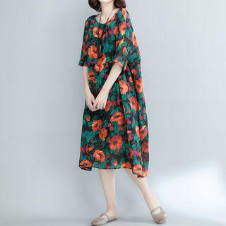 Floral Print Elbow Sleeve T-shirt Dress