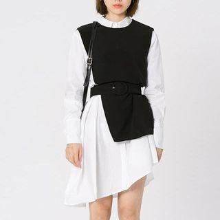 Set: Long-sleeve Asymmetric Shirt Dress + Vest
