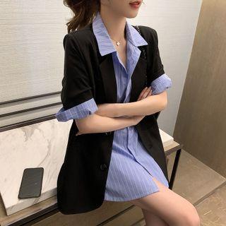 Set: Elbow-sleeve Pinstriped Shirt + Blazer