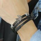Stainless Steel Eagle Leather Layered Bracelet 1412 - Black & Silver - One Size