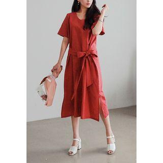 Short-sleeve Tie-waist Midi Dress