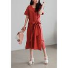 Short-sleeve Tie-waist Midi Dress