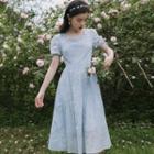 Short-sleeve Floral Applique A-line Midi Dress