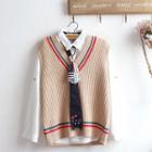 Set: Shirt + Contrast-trim Knit Vest