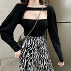 Cropped Cardigan / Camisole Top / Zebra Print Wide-leg Pants