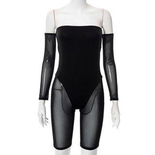 Long-sleeve Off-shoulder Mesh Romper