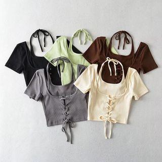 Short-sleeve Halter Neck Lace-up Crop Top