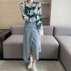Long-sleeve Printed Shirt / Midi A-line Denim Skirt