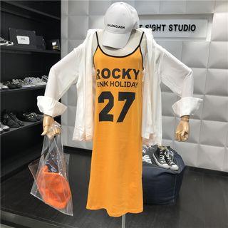 Set: Spaghetti Strap Letter Midi Dress + Long-sleeve Shirt