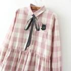 Cat Embroidered Plaid Long Sleeve Collared Dress
