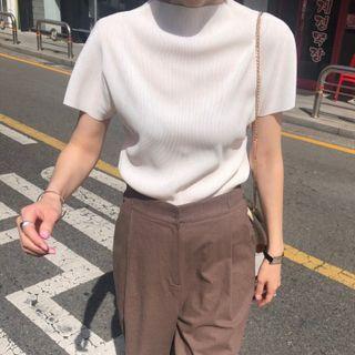 Semi Turtle Neck Ruched Plain Short Sleeve Top