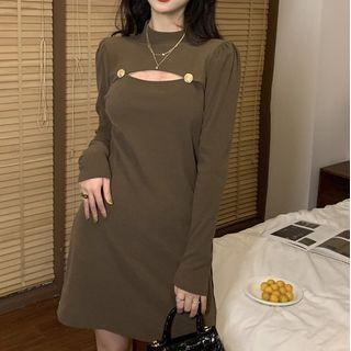 Long-sleeve Semi Turtleneck Plain Hollow Out Knit Dress