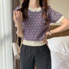 Puff-sleeve Round-neck Contrast Trim Dot Top