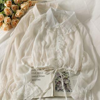 Lace-trim Tie-hem Crop Shirt