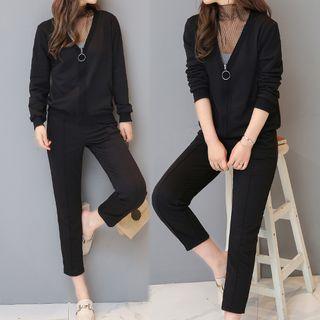 Set: Mesh Panel Long Sleeve Top + Plain Cropped Pants
