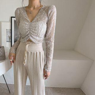 Ruched See-through Lace Top