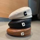 Letter C Embroidered Faux Leather Beret Hat