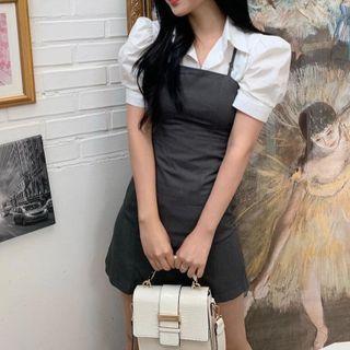 Set: Short-sleeve Shirt + Spaghetti Strap Mini Sheath Dress