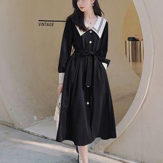 Long-sleeve Sailor Collar Midi A-line Shirt Dress