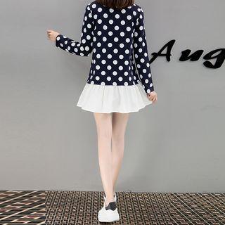 Long-sleeve Dotted Panel-hem Dress