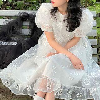 Puff-sleeve Mesh Midi A-line Dress White - One Size