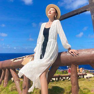 Drawstring Waist Slit-side Chiffon Long Top