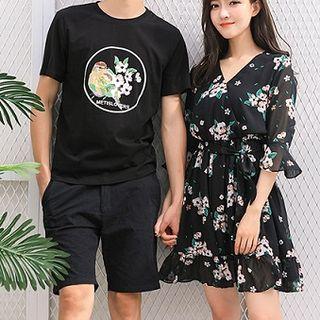 Couple Matching Short-sleeve Flower Print T-shirt / A-line Dress