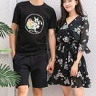 Couple Matching Short-sleeve Flower Print T-shirt / A-line Dress