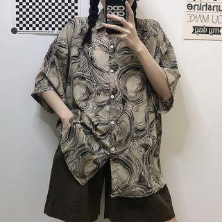 Elbow-sleeve Print Shirt Gray - One Size