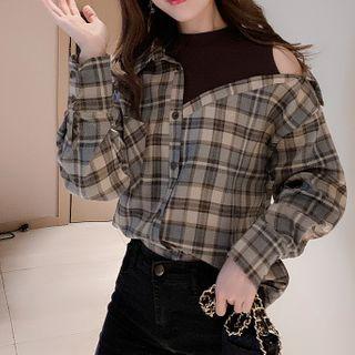 Mock Two-piece Plaid Shirt Coffee - One Size