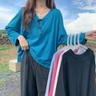 Plain V-neck Long-sleeve Loose-fit T-shirt - 5 Colors