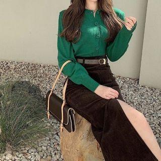 Plain Knit Sweater / Side-slit Corduroy Skirt