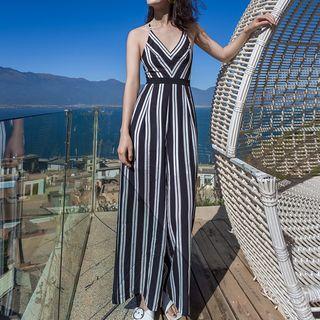 Striped Halter Open Back Jumpsuit