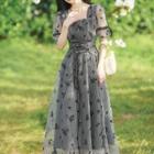 Puff-sleeve Gingham Floral Print Midi A-line Mesh Dress